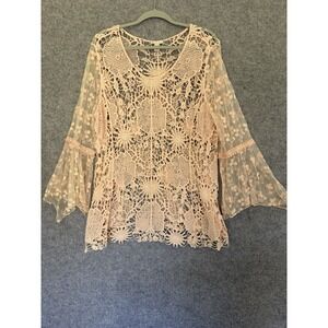 Est 1946 Pink Crochet Lace Bell Sleeve Boho Cottage Core Fairy Music Festival